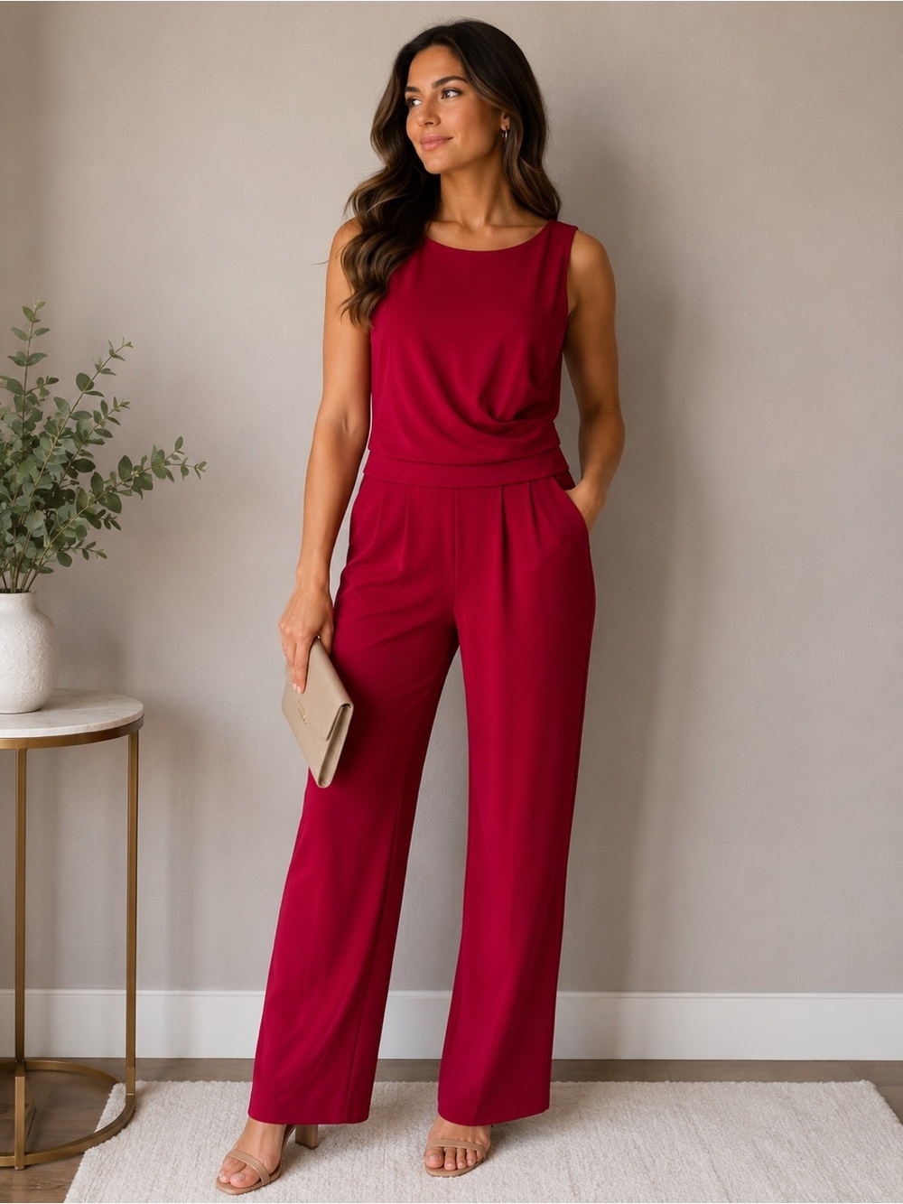 Calvin Klein Red Sleeveless Wide-Leg Jumpsuit | Size 8